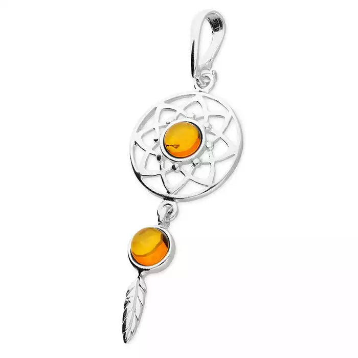 Sterling Silver Dreamcatcher Pendant with Cognac Amber & Feather