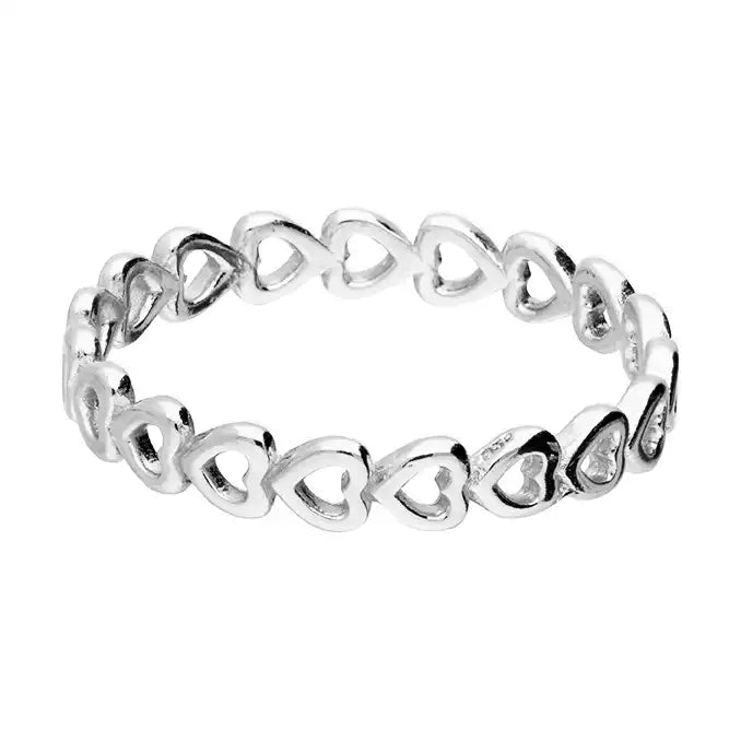 Silver ring with heart designs on a white background