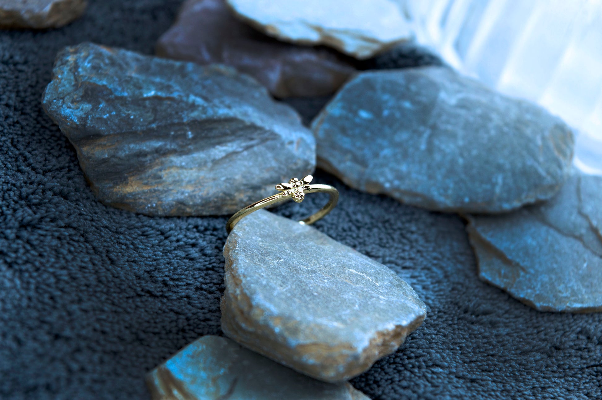 Gold Bee style ring. This dainty stacking ring has a bee focal point.